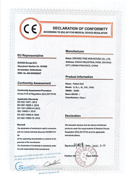 Китай Xinyang Yihe Non-Woven Co., Ltd. Сертификаты